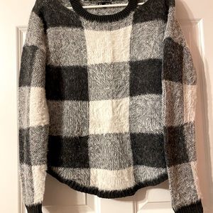 Black grey white plaid a soft fuzzy very comfy cold shoulder sweater